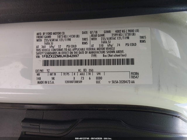 Продажа на аукционе авто 2018 Ford Transit-350 Xl, vin: 1FBZX2ZM8JKB42997, номер лота: 46123748