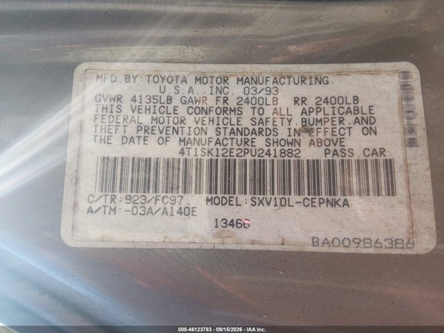 Продажа на аукционе авто 1993 Toyota Camry Le, vin: 4T1SK12E2PU241882, номер лота: 46123783