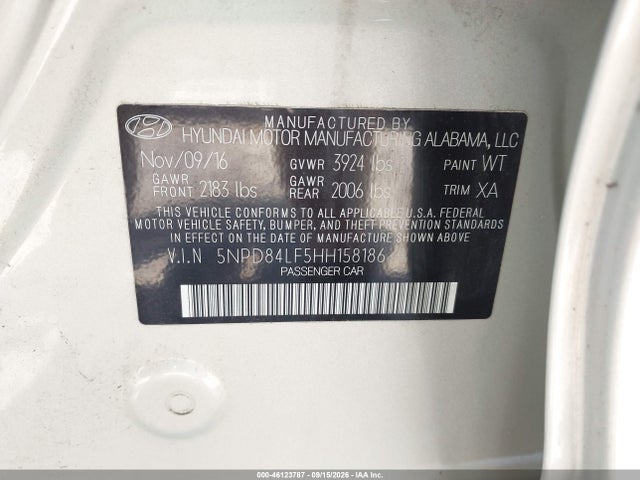 Auction sale of the 2017 Hyundai Elantra Se, vin: 5NPD84LF5HH158186, lot number: 46123787