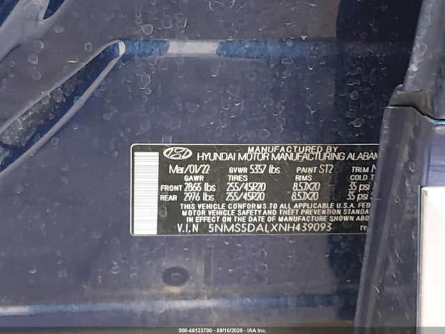 2022 Hyundai Santa Fe Calligraphy მანქანა იყიდება აუქციონზე, vin: 5NMS5DALXNH439093, აუქციონის ნომერი: 46123790