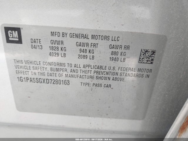 46123810 :رقم المزاد ، 1G1PA5SGXD7280163 vin ، 2013 Chevrolet Cruze Ls Auto مزاد بيع