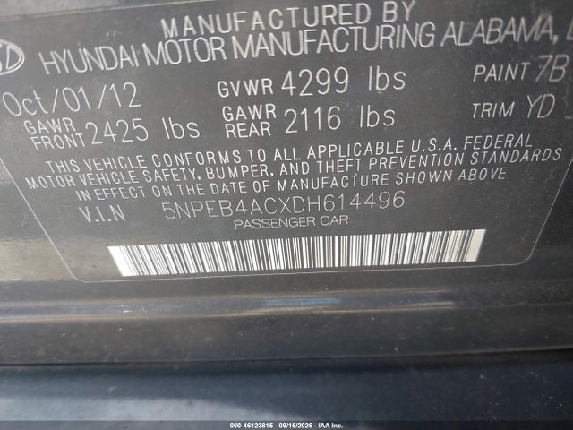 46123815 :رقم المزاد ، 5NPEB4ACXDH614496 vin ، 2013 Hyundai Sonata Gls مزاد بيع