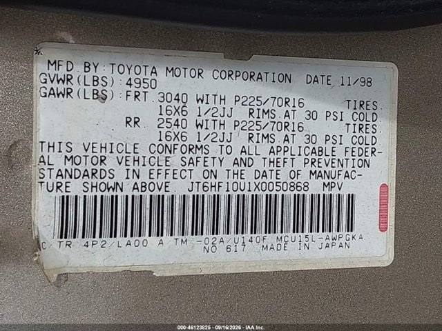 46123825 :رقم المزاد ، JT6HF10U1X0050868 vin ، 1999 Lexus Rx 300 مزاد بيع