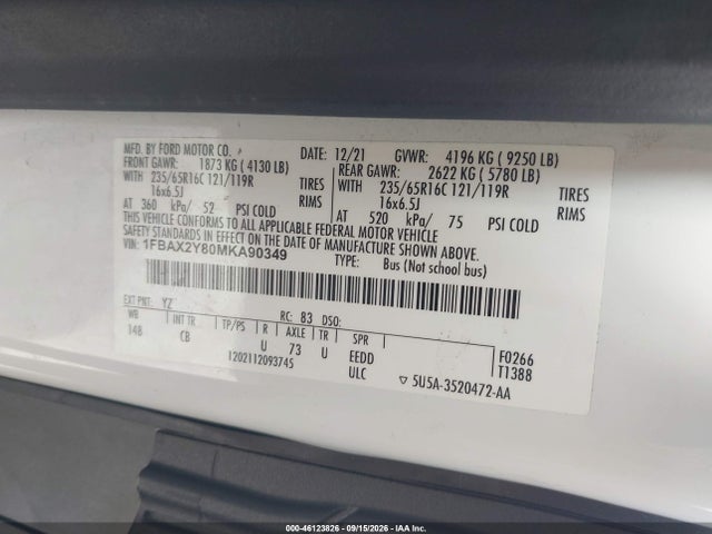 2021 Ford Transit-350 Passenger Van Xl მანქანა იყიდება აუქციონზე, vin: 1FBAX2Y80MKA90349, აუქციონის ნომერი: 46123826