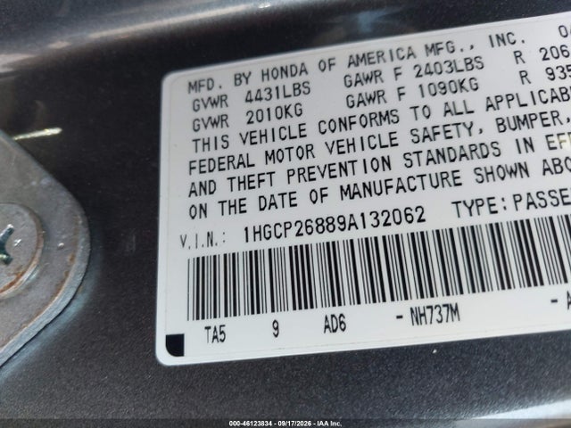 Продажа на аукционе авто 2009 Honda Accord 2.4 Ex-l, vin: 1HGCP26889A132062, номер лота: 46123834
