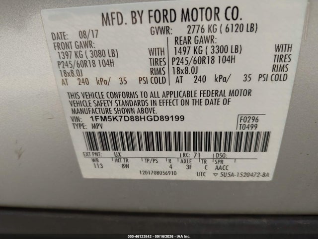 Ford EXPLORER XLT 2017 1FM5K7D88HGD89199 Image 9