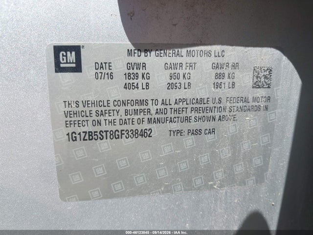 Продажа на аукционе авто 2016 Chevrolet Malibu Ls, vin: 1G1ZB5ST8GF338462, номер лота: 46123845