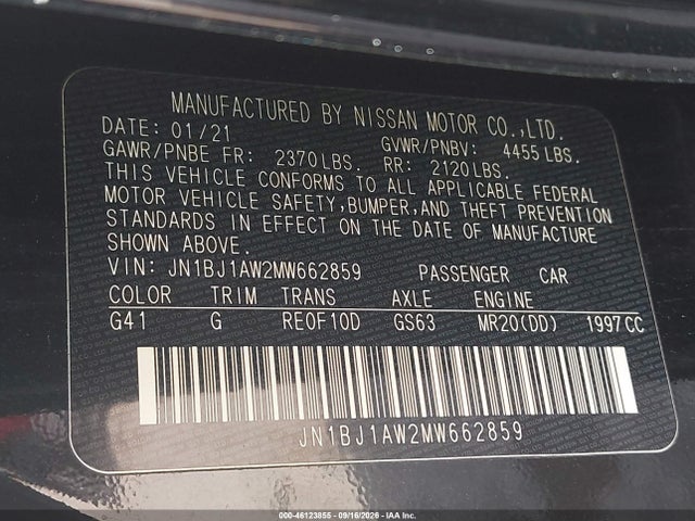 46123855 :رقم المزاد ، JN1BJ1AW2MW662859 vin ، 2021 Nissan Rogue Sport S Awd Xtronic Cvt مزاد بيع