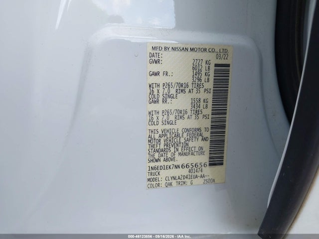 46123856 :رقم المزاد ، 1N6ED1EK7NN665656 vin ، 2022 Nissan Frontier S 4x4 مزاد بيع