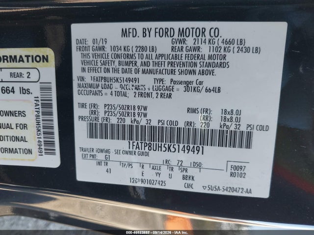 Продаж на аукціоні авто 2019 Ford Mustang Ecoboost Premium, vin: 1FATP8UH5K5149491, номер лоту: 46123857