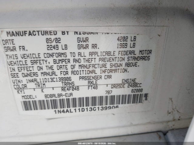 2003 Nissan Altima 2.5 S მანქანა იყიდება აუქციონზე, vin: 1N4AL11D13C139906, აუქციონის ნომერი: 46123870