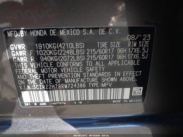 Продажа на аукционе авто 2024 Honda Hr-v Awd Ex-l/awd Ex-l W/o Bsi, vin: 3CZRZ2H78RM724386, номер лота: 46123872