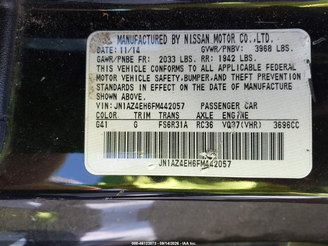 46123873 :رقم المزاد ، JN1AZ4EH6FM442057 vin ، 2015 Nissan 370z Sport مزاد بيع