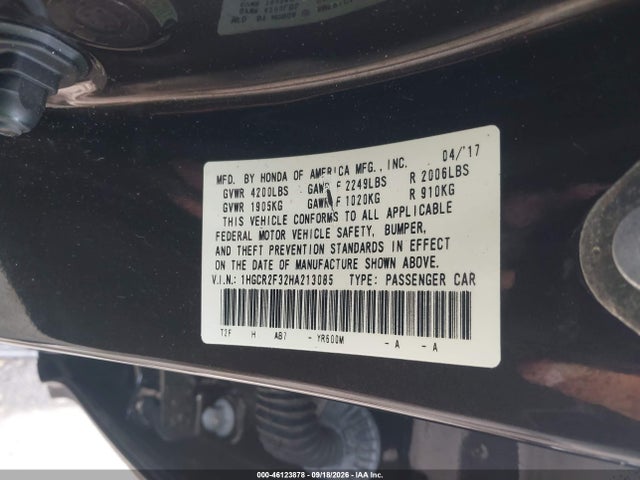 Продаж на аукціоні авто 2017 Honda Accord Lx, vin: 1HGCR2F32HA213085, номер лоту: 46123878