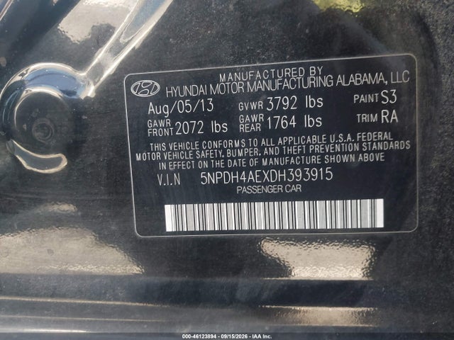 Aukcja sprzedaży 2013 Hyundai Elantra Gls, vin: 5NPDH4AEXDH393915, numer aukcji: 46123894