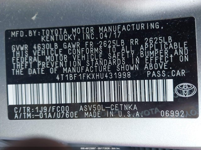 2017 Toyota Camry Le მანქანა იყიდება აუქციონზე, vin: 4T1BF1FKXHU431998, აუქციონის ნომერი: 46123897