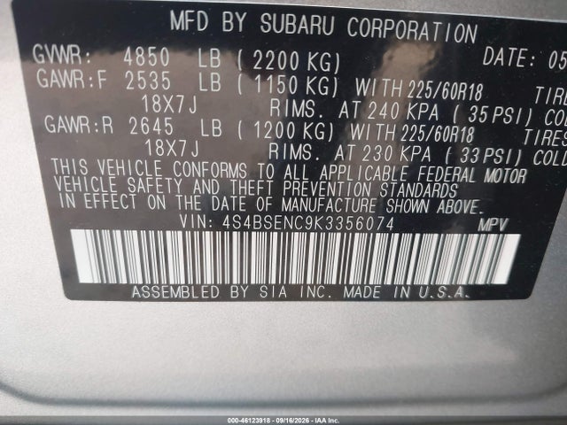 46123918 :رقم المزاد ، 4S4BSENC9K3356074 vin ، 2019 Subaru Outback 3.6r Limited مزاد بيع