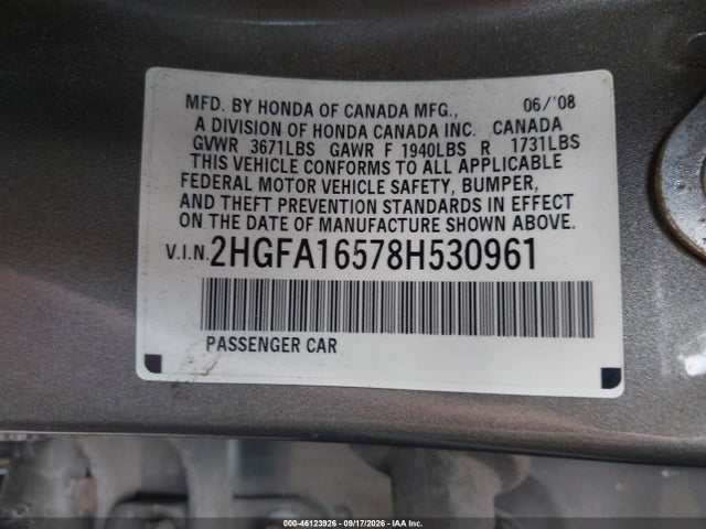 Продаж на аукціоні авто 2008 Honda Civic Lx, vin: 2HGFA16578H530961, номер лоту: 46123926