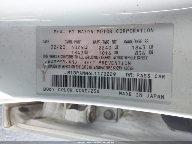 Продаж на аукціоні авто 2020 Mazda Mazda3 Premium Package, vin: JM1BPANM6L1172229, номер лоту: 46123928