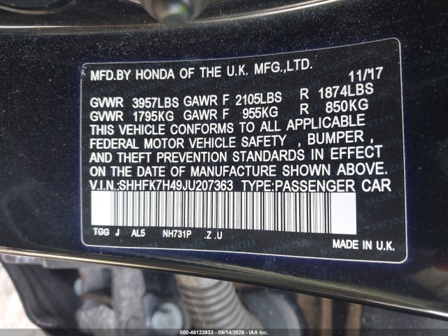 46123933 :رقم المزاد ، SHHFK7H49JU207363 vin ، 2018 Honda Civic Sport مزاد بيع
