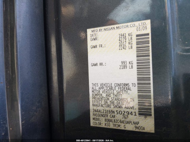 2009 Nissan Altima 2.5 S მანქანა იყიდება აუქციონზე, vin: 1N4AL21E69N502941, აუქციონის ნომერი: 46123941