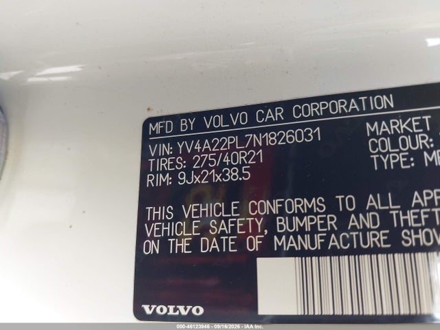 Aukcja sprzedaży 2022 Volvo Xc90 T6 Inscription 7 Passenger, vin: YV4A22PL7N1826031, numer aukcji: 46123946
