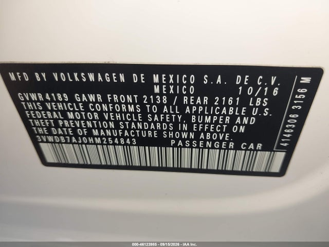 46123985 :رقم المزاد ، 3VWDB7AJ0HM254843 vin ، 2017 Volkswagen Jetta 1.4t Se مزاد بيع