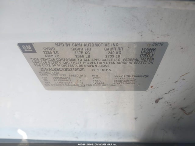 Aukcja sprzedaży 2011 Chevrolet Equinox Ls, vin: 2CNALBEC5B6213929, numer aukcji: 46124006