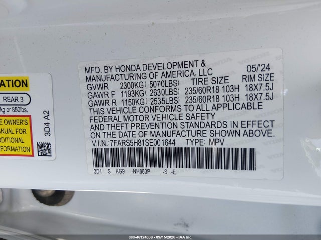 Aukcja sprzedaży 2025 Honda Cr-v Hybrid Sport-l, vin: 7FARS5H81SE001644, numer aukcji: 46124008