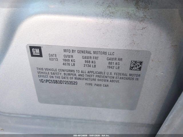 Aukcja sprzedaży 2013 Chevrolet Cruze 1lt Auto, vin: 1G1PC5SB3D7253529, numer aukcji: 46124009