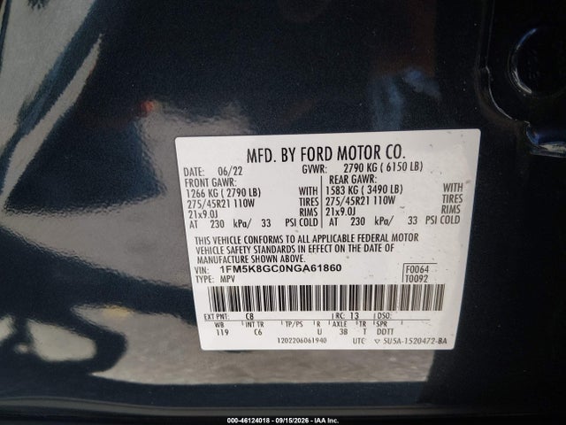 2022 Ford Explorer St მანქანა იყიდება აუქციონზე, vin: 1FM5K8GC0NGA61860, აუქციონის ნომერი: 46124018