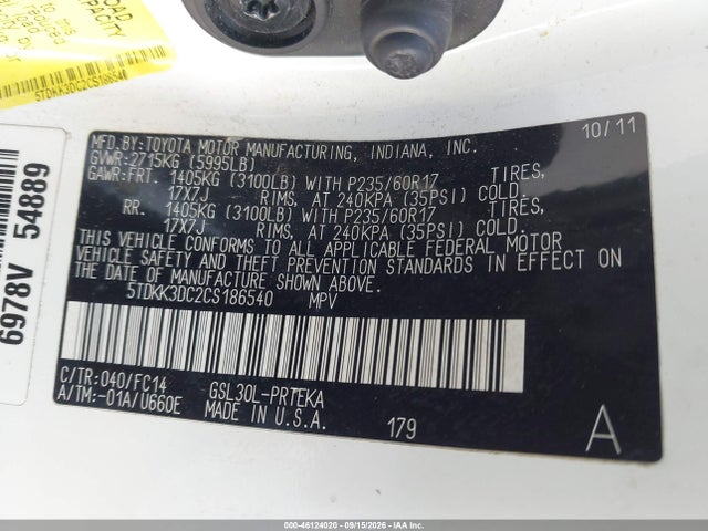 46124020 :رقم المزاد ، 5TDKK3DC2CS186540 vin ، 2012 Toyota Sienna Le V6 8 Passenger مزاد بيع