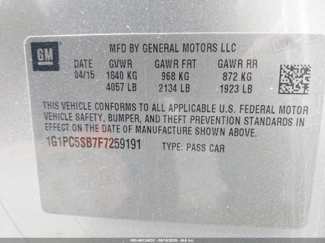 2015 Chevrolet Cruze 1lt Auto მანქანა იყიდება აუქციონზე, vin: 1G1PC5SB7F7259191, აუქციონის ნომერი: 46124032