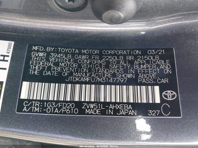 Aukcja sprzedaży 2021 Toyota Prius Le, vin: JTDKAMFU7M3147797, numer aukcji: 46124045