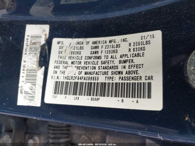 2015 Honda Accord Ex-l მანქანა იყიდება აუქციონზე, vin: 1HGCR2F84FA099955, აუქციონის ნომერი: 46124046