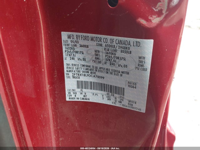 Aukcja sprzedaży 2003 Ford F-150 Lariat/xl/xlt, vin: 2FTRX18L93CA78099, numer aukcji: 46124054