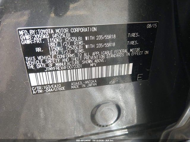 46124058 :رقم المزاد ، JTMYFREV4FD072301 vin ، 2015 Toyota Rav4 Limited مزاد بيع