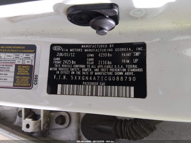 Aukcja sprzedaży 2012 Kia Optima Ex, vin: 5XXGN4A71CG088790, numer aukcji: 46124060