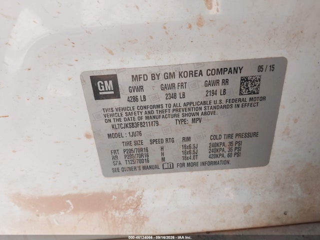 46124066 :رقم المزاد ، KL7CJKSB3FB211479 vin ، 2015 Chevrolet Trax 1ls مزاد بيع