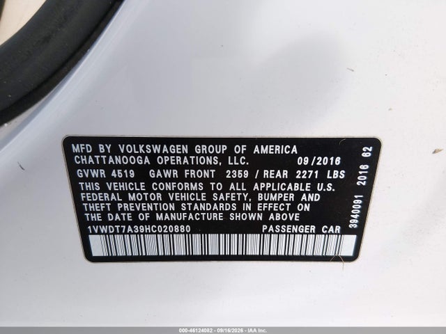 Aukcja sprzedaży 2017 Volkswagen Passat 1.8t R-line, vin: 1VWDT7A39HC020880, numer aukcji: 46124082