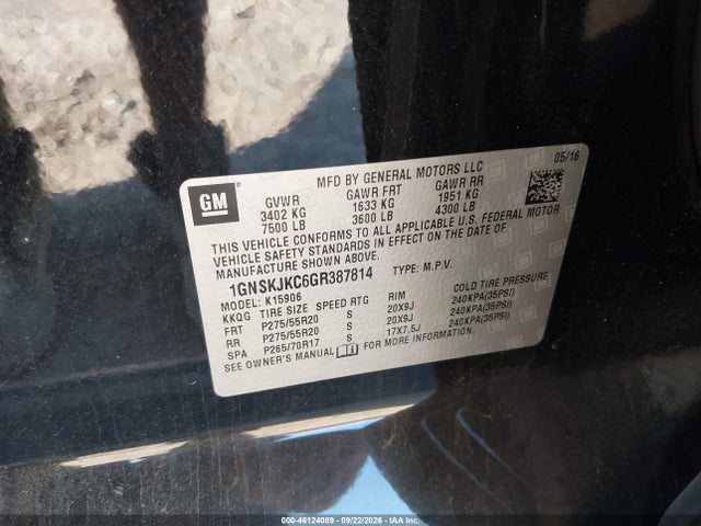 46124089 :رقم المزاد ، 1GNSKJKC6GR387814 vin ، 2016 Chevrolet Suburban Ltz مزاد بيع