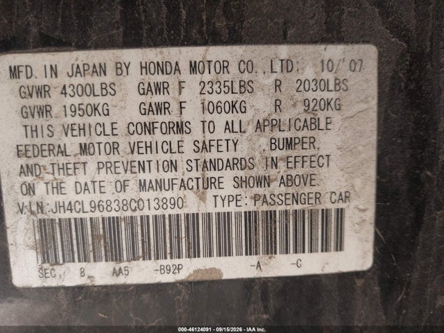 Продажа на аукционе авто 2008 Acura Tsx, vin: JH4CL96838C013890, номер лота: 46124091