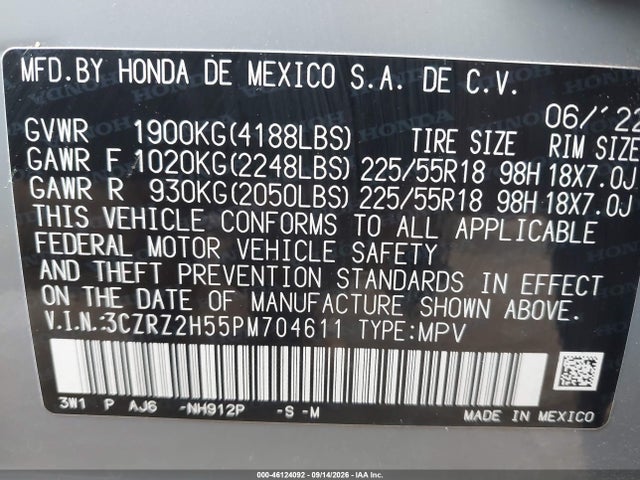 46124092 :رقم المزاد ، 3CZRZ2H55PM704611 vin ، 2023 Honda Hr-v Awd Sport مزاد بيع