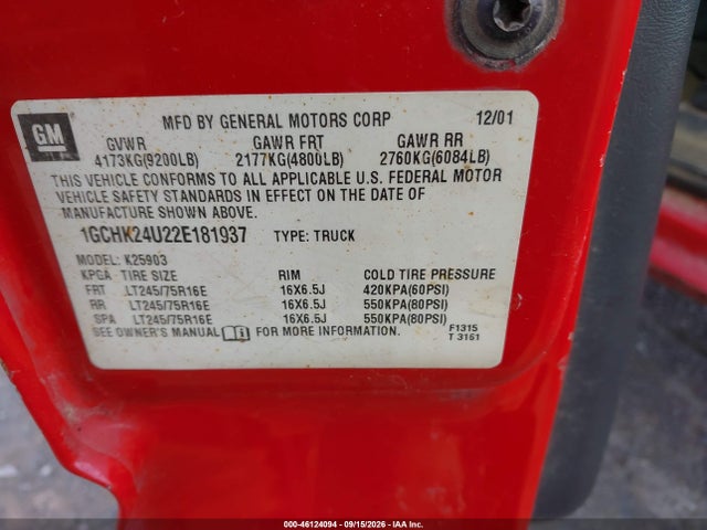 Auction sale of the 2002 Chevrolet Silverado 2500hd, vin: 1GCHK24U22E181937, lot number: 46124094