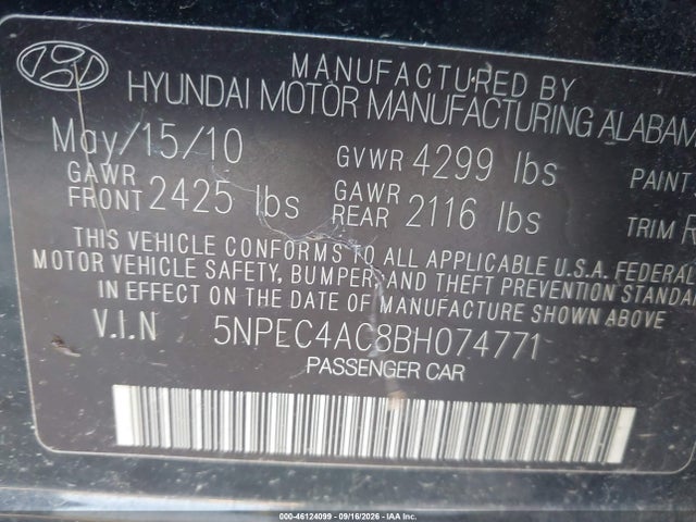 Продаж на аукціоні авто 2011 Hyundai Sonata Se, vin: 5NPEC4AC8BH074771, номер лоту: 46124099