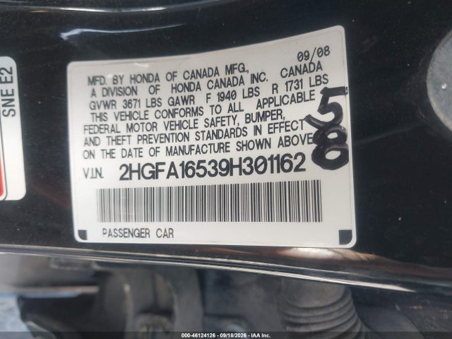 Aukcja sprzedaży 2009 Honda Civic Lx, vin: 2HGFA16539H301162, numer aukcji: 46124126