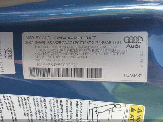 2008 Audi Tt 2.0t მანქანა იყიდება აუქციონზე, vin: TRUAF38JX81003629, აუქციონის ნომერი: 46124137