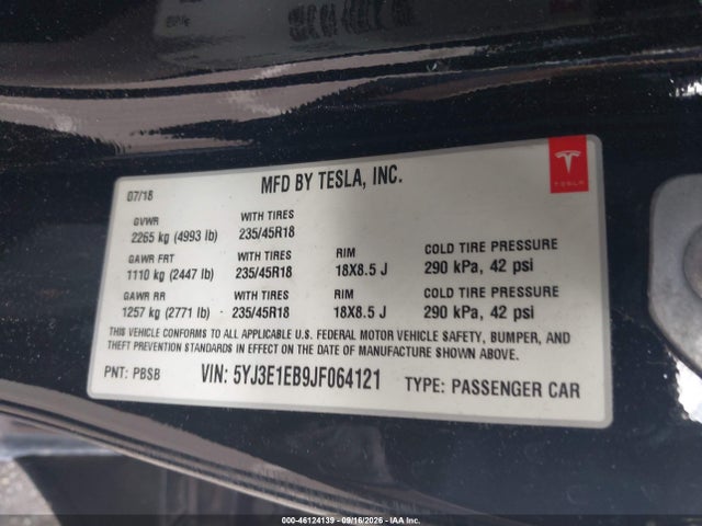 5YJ3E1EB9JF064121 Tesla Model 3 Long Range/performance