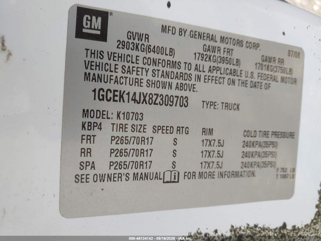 46124142 :رقم المزاد ، 1GCEK14JX8Z309703 vin ، 2008 Chevrolet Silverado 1500 Work Truck مزاد بيع