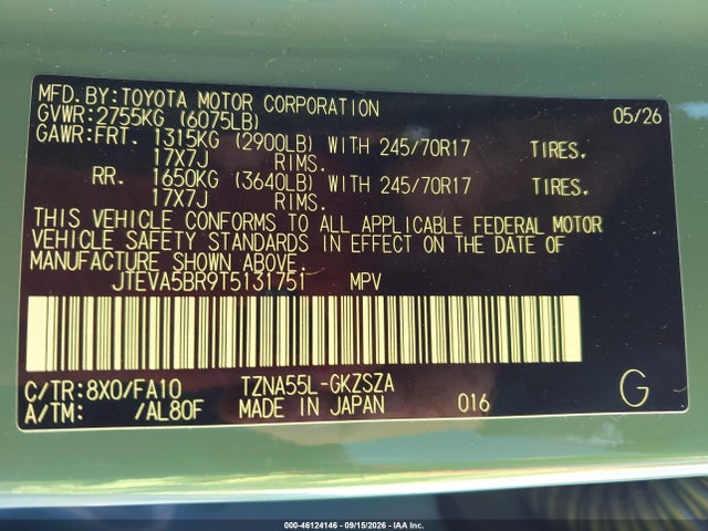 Продажа на аукционе авто 2026 Toyota 4runner Sr5, vin: JTEVA5BR9T5131751, номер лота: 46124146
